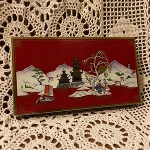 Vintage Red Lacquer Style Tin with Chinese Temple Winter Landscape Illustration